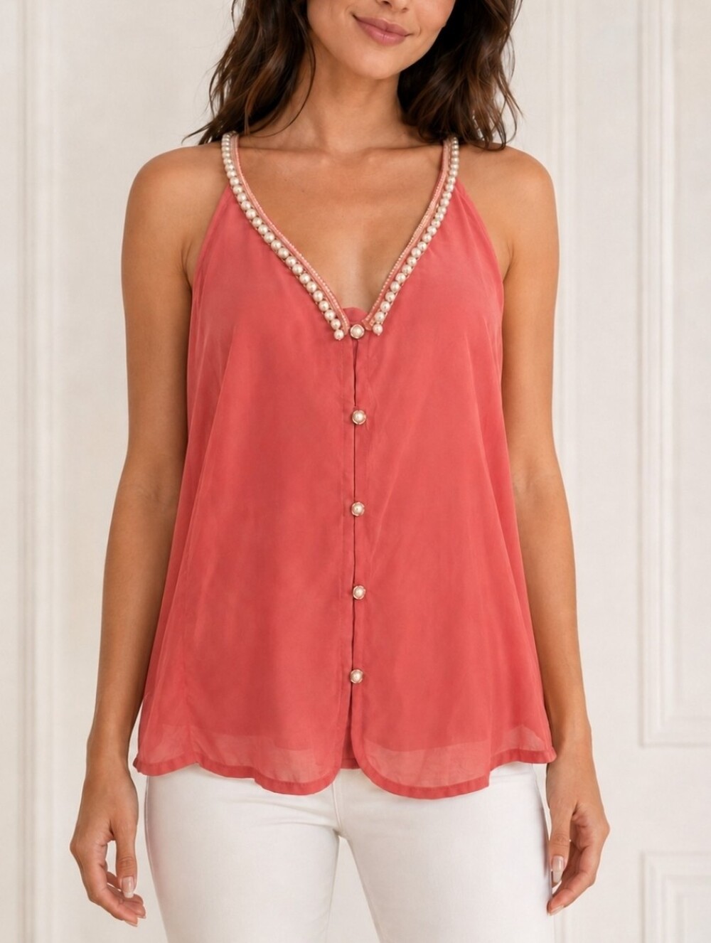 Sheer Pearl-Trim Sleeveless Blouse - Pink